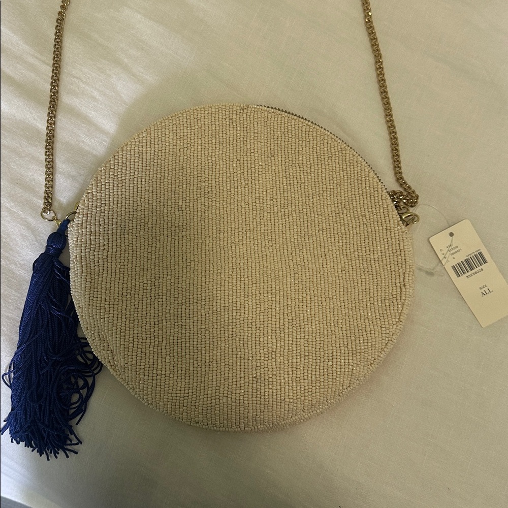 Anthropologie Embroidered Round Beaded Bag with Gold Chain - Picture 3 of 4